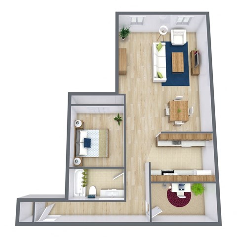 Floor plan for 1 bed, 1 bath, 971 sqft